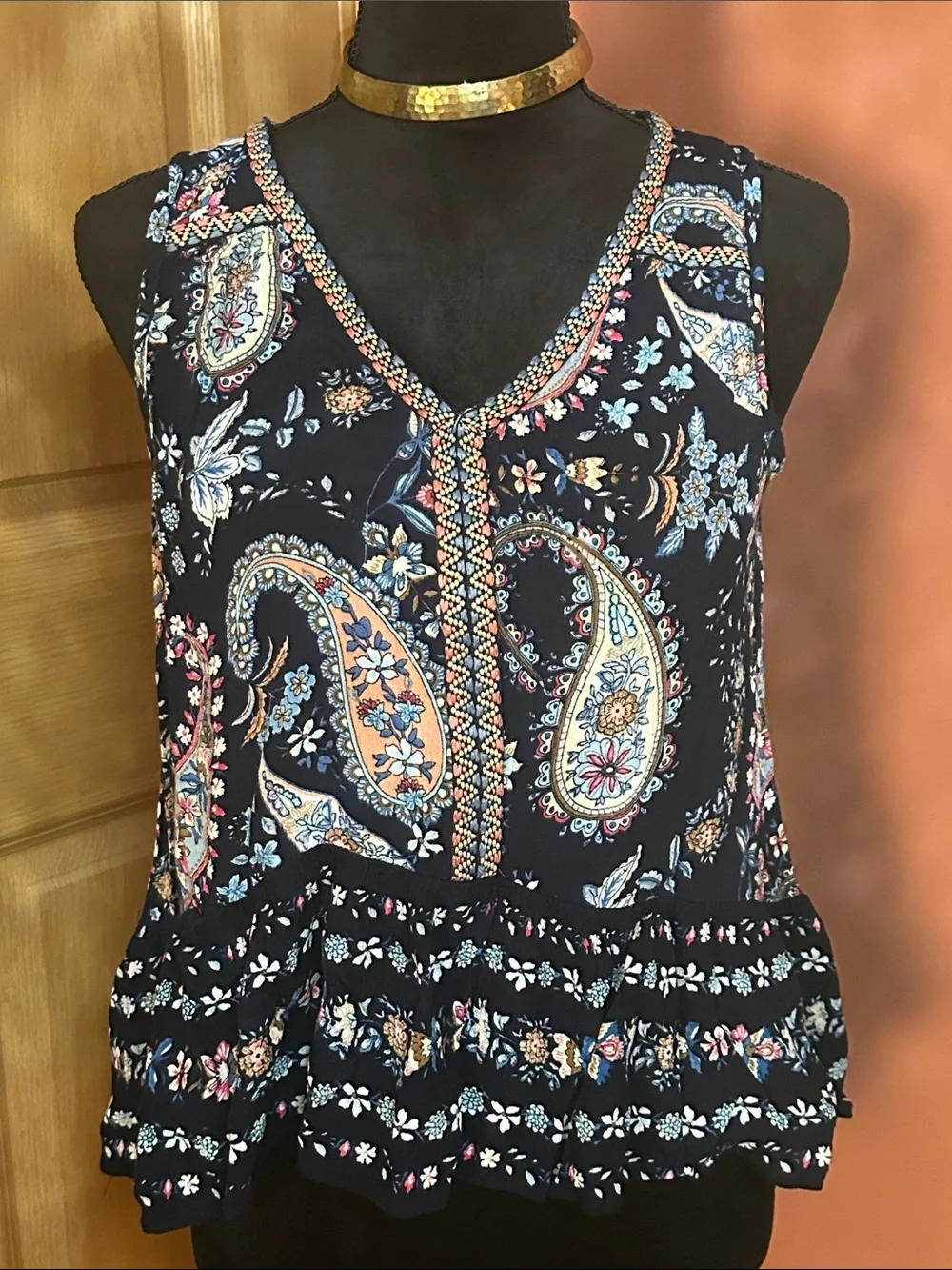 Patrons of Peace Black Top with Subtle Multicolor Paisley